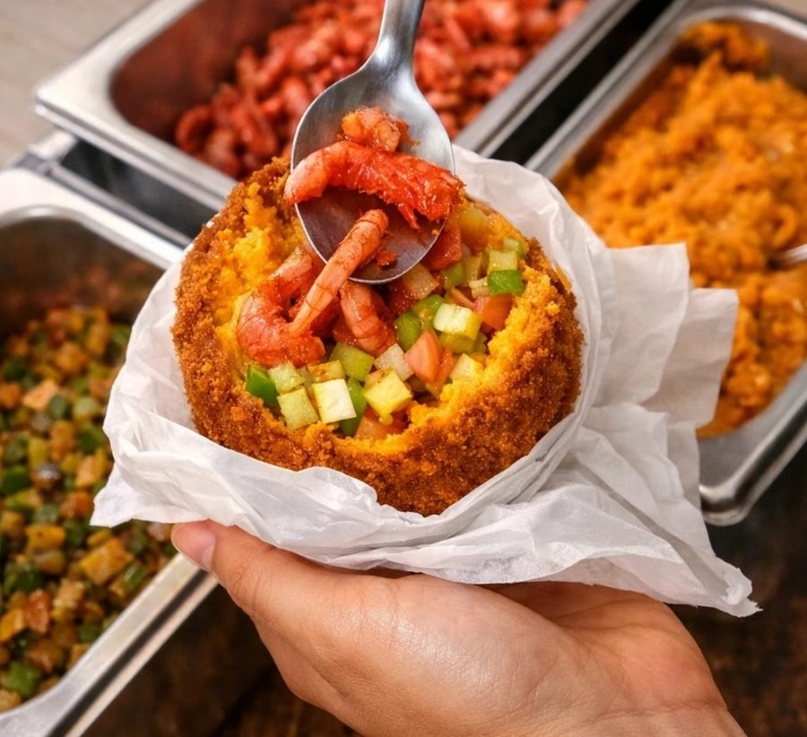 Acarajé recheado com camarão e salada
